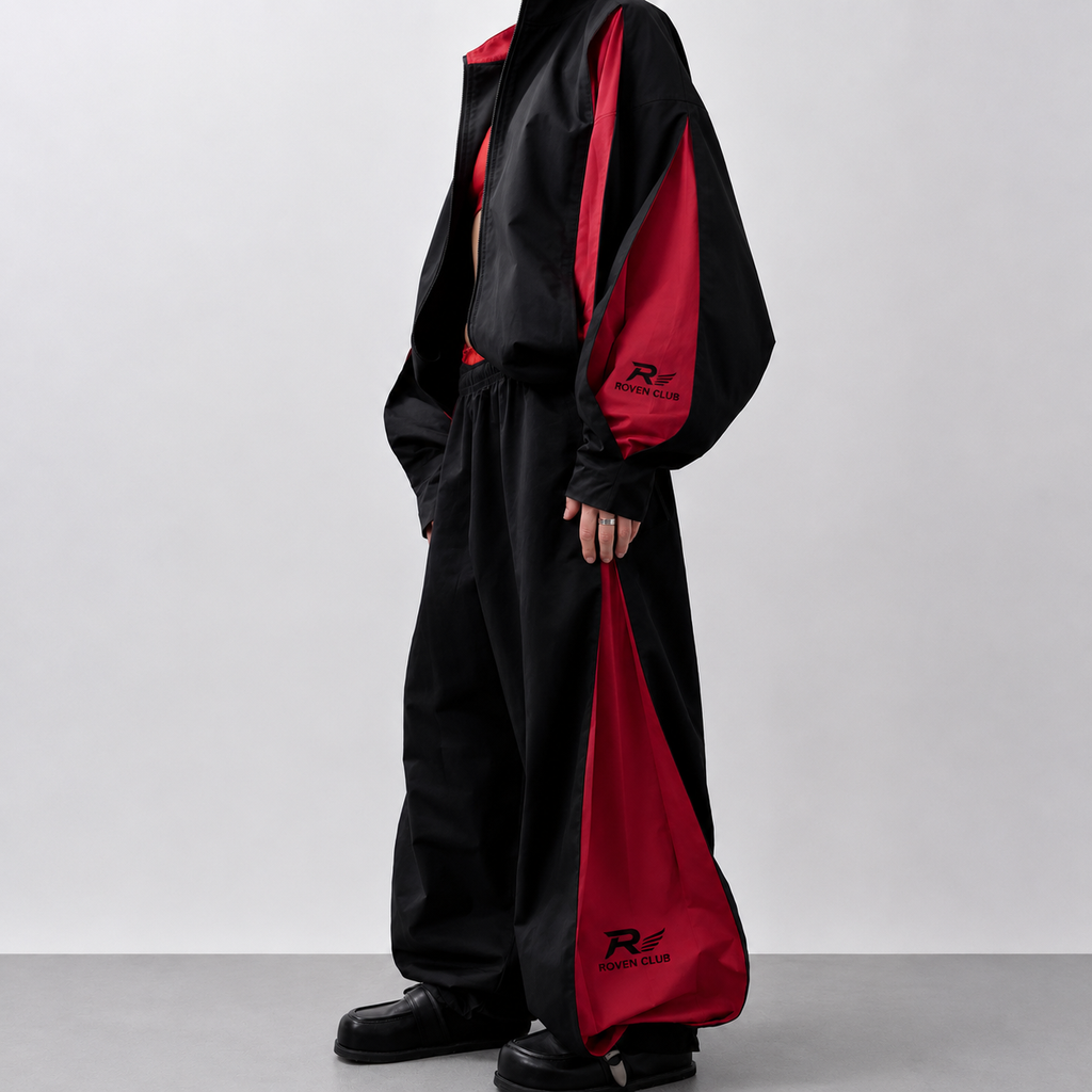 Roven Club Wide-Leg Track Pantolon — Siyah/Kırmızı