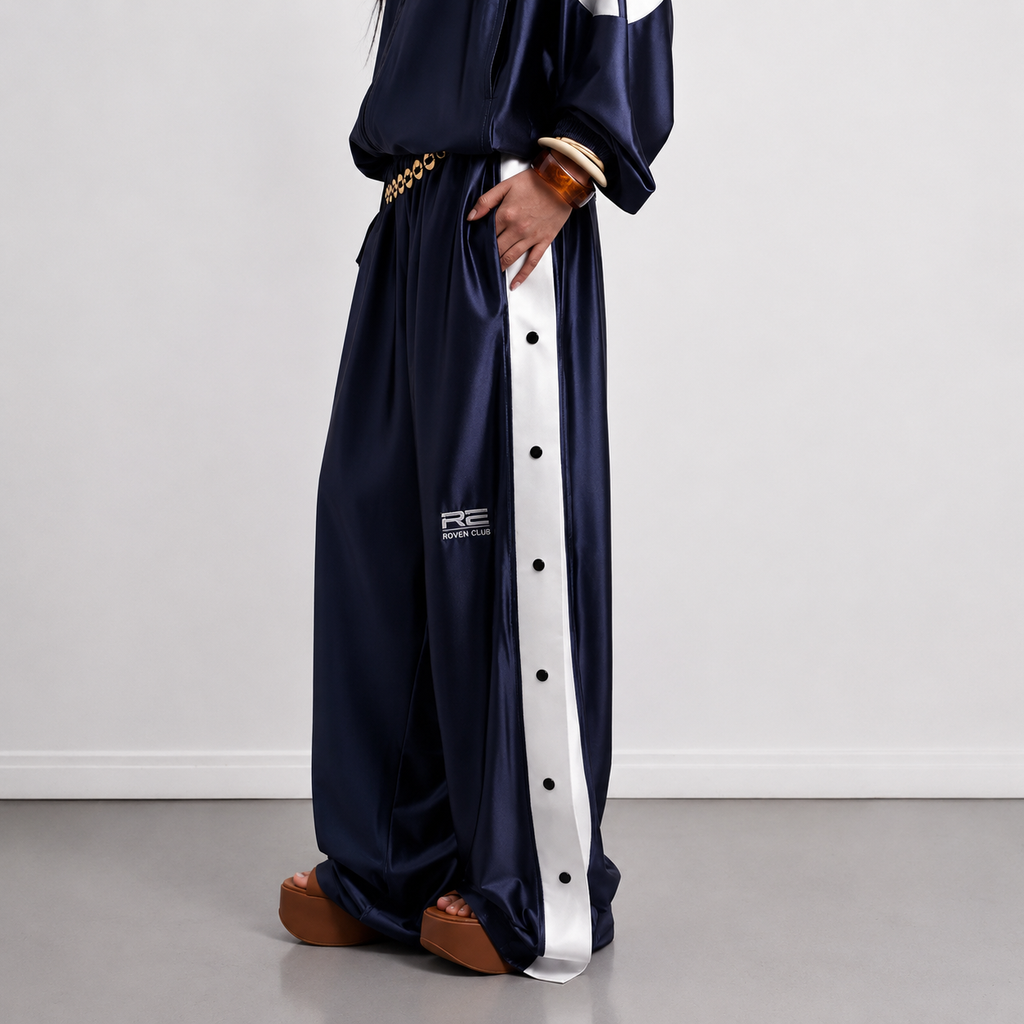 Çıtçıtlı Wide-Leg Pantolon (Lacivert)
