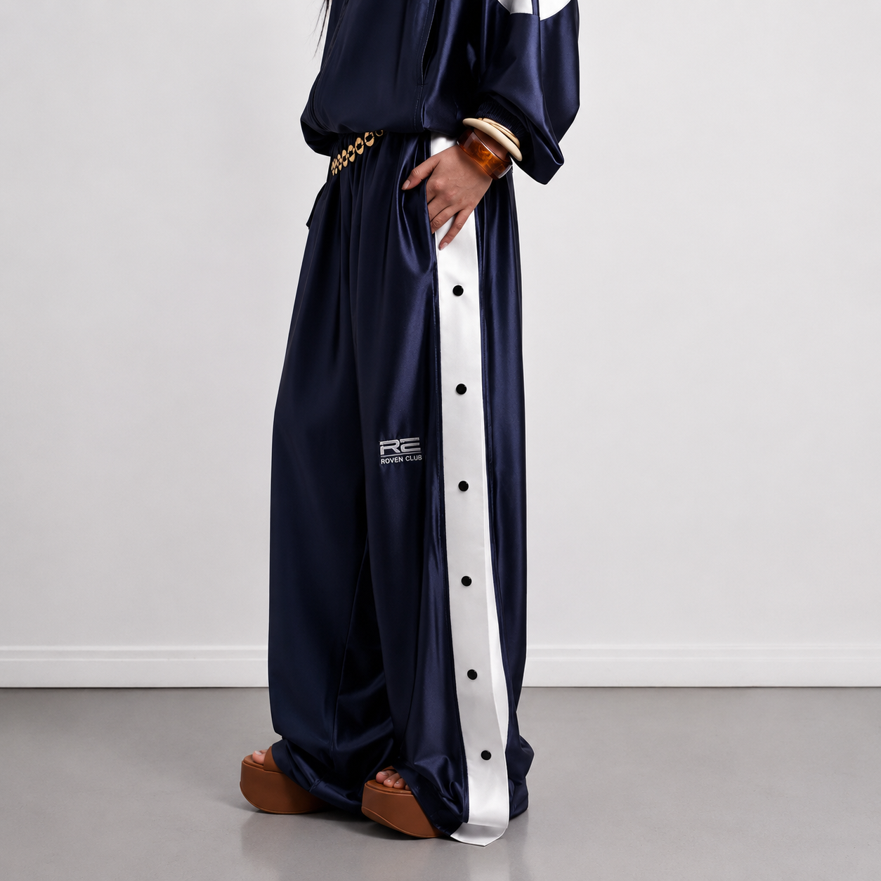 Çıtçıtlı Wide-Leg Pantolon (Lacivert)