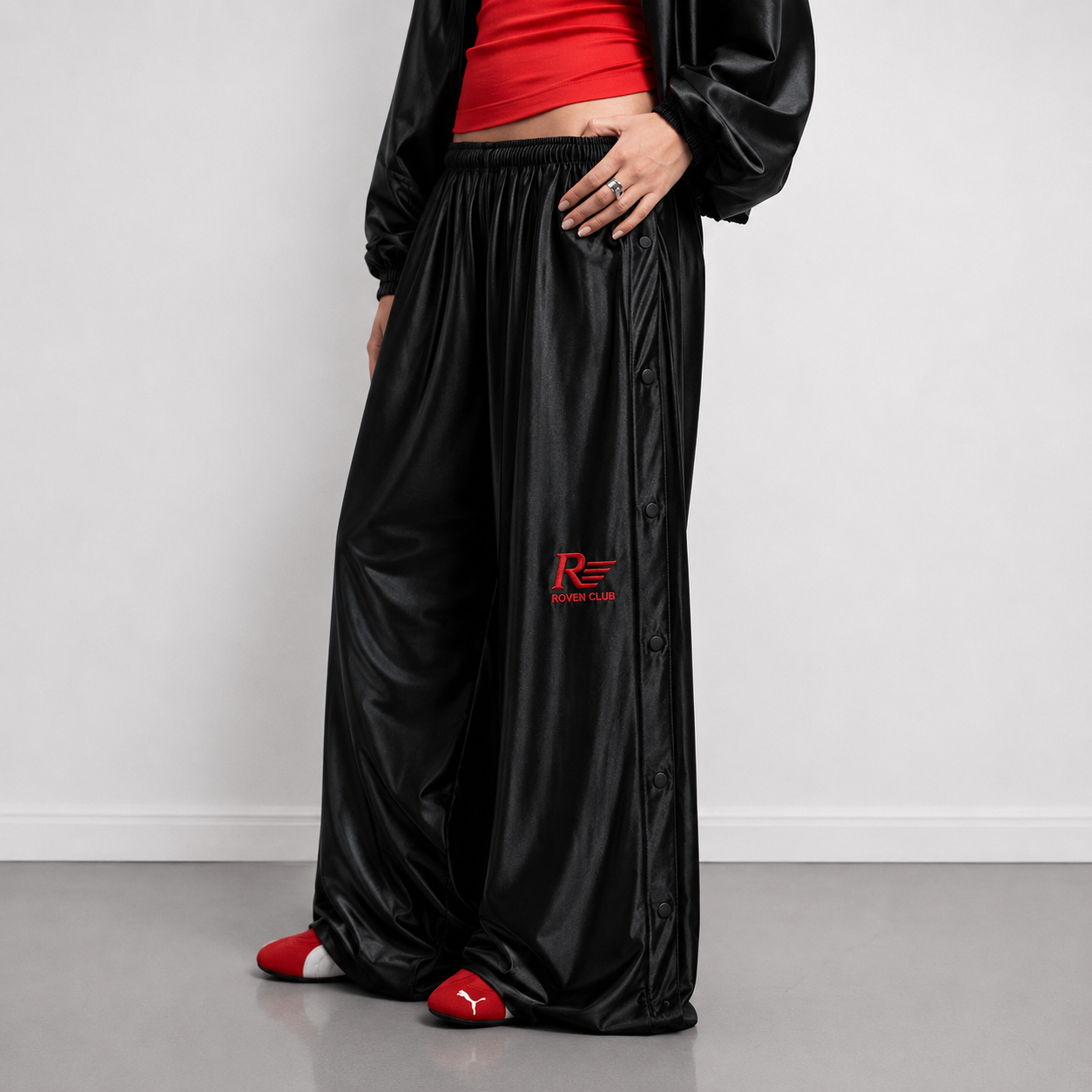 Çıtçıtlı Wide-Leg Pantolon (Siyah)