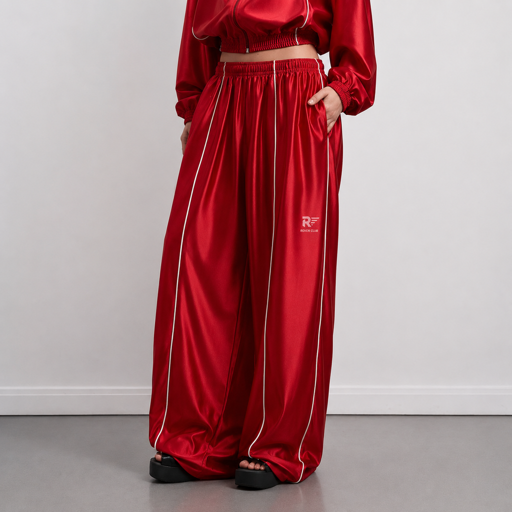 Kontrast Biyeli Wide-Leg Pantolon (Kırmızı)