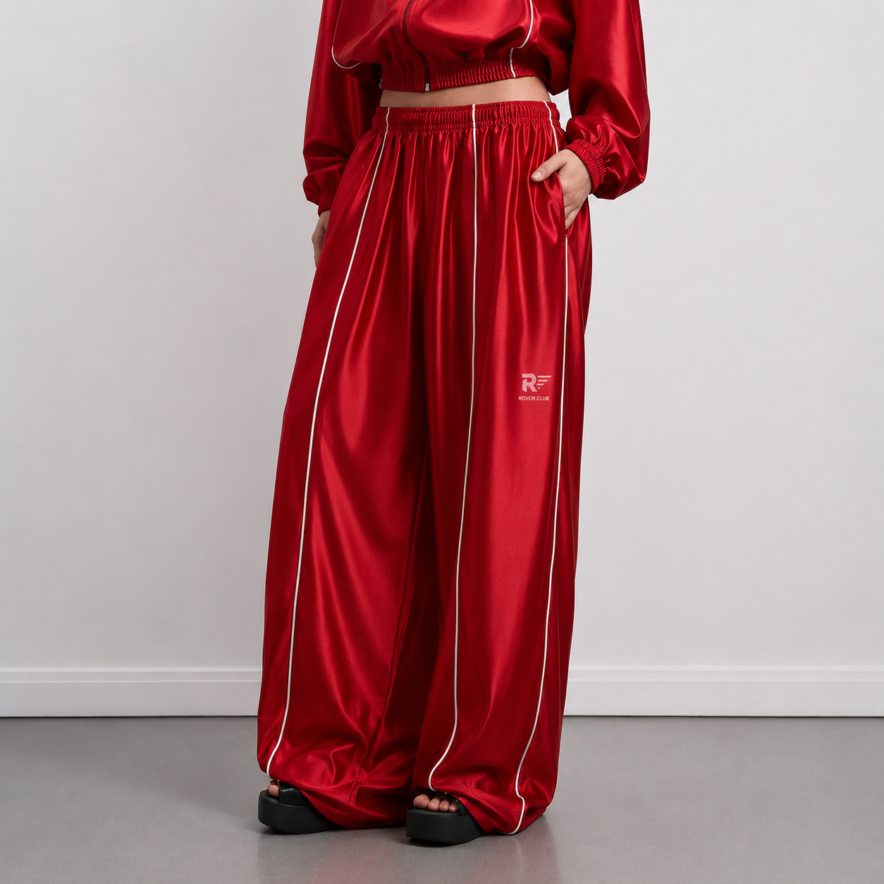 Kontrast Biyeli Wide-Leg Pantolon (Kırmızı)