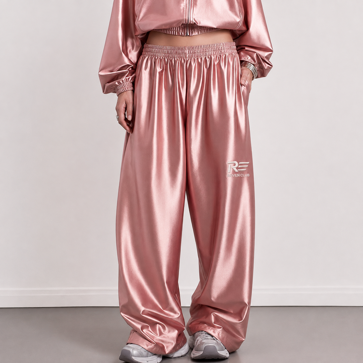 Metalik Wide-Leg Pantolon (Pudra)