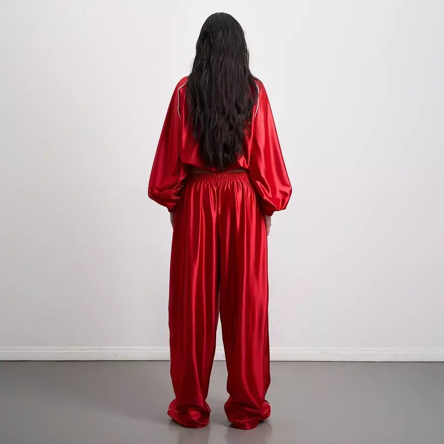 Kontrast Biyeli Wide-Leg Pantolon (Kırmızı)