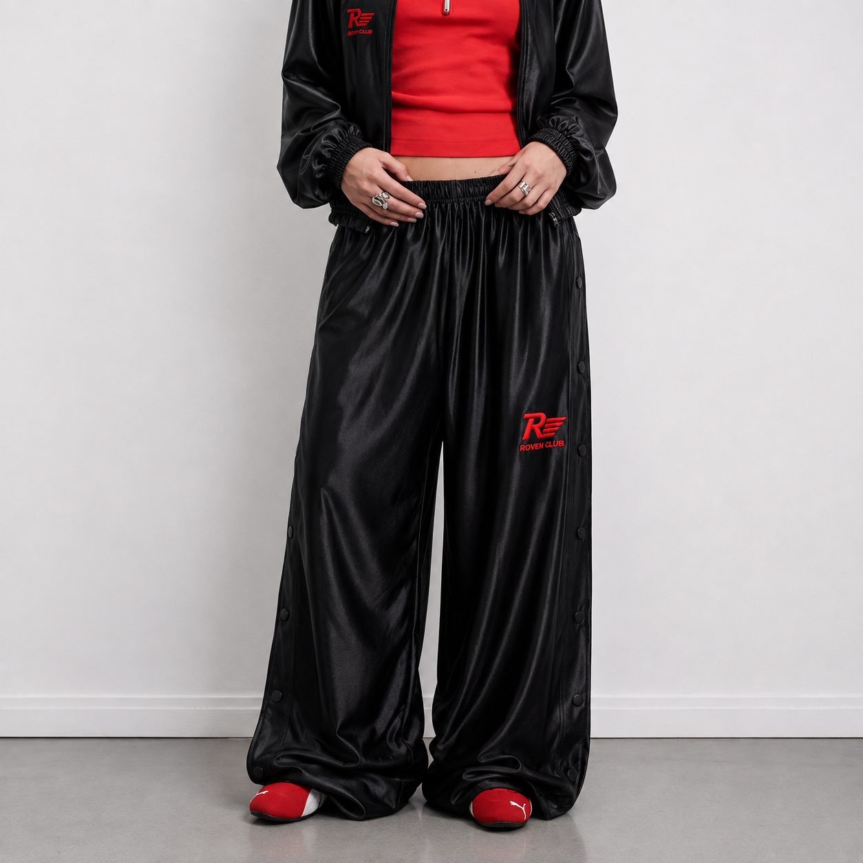 Çıtçıtlı Wide-Leg Pantolon (Siyah)