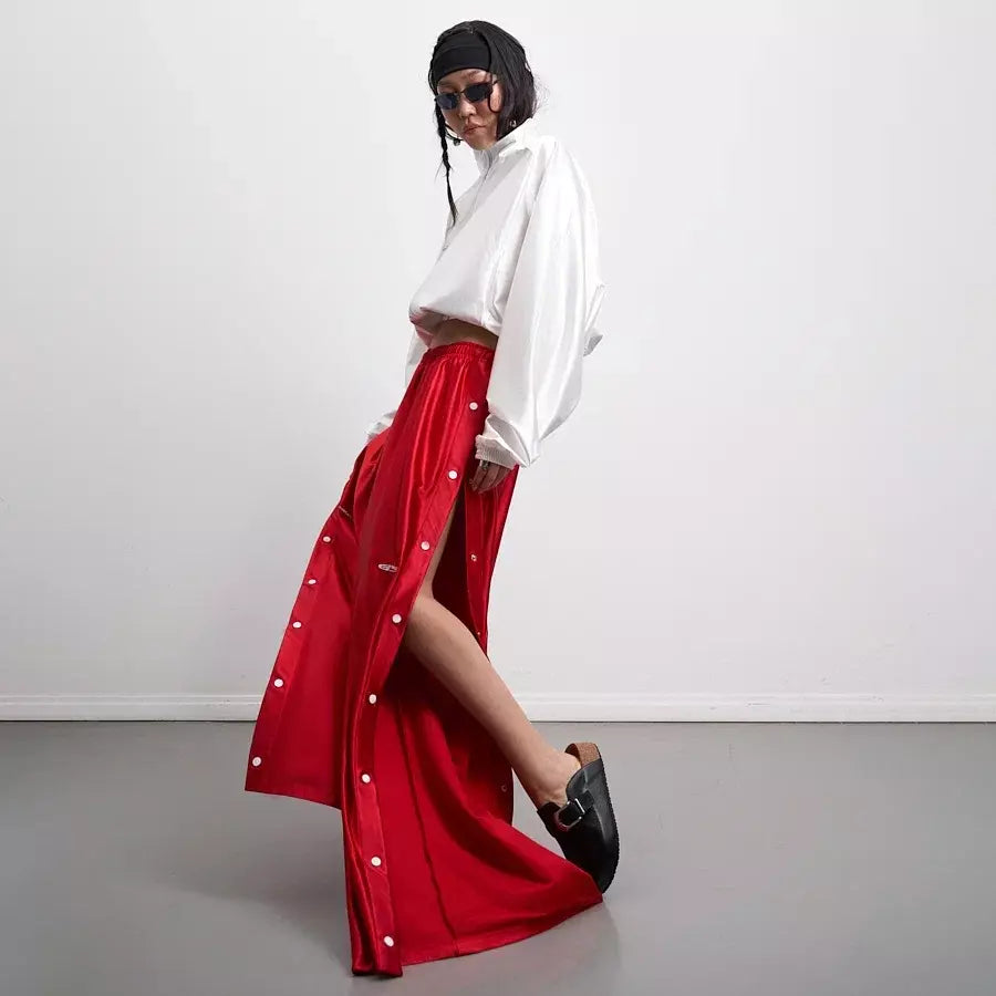 Çıtçıtlı Wide-Leg Pantolon (Kırmızı)