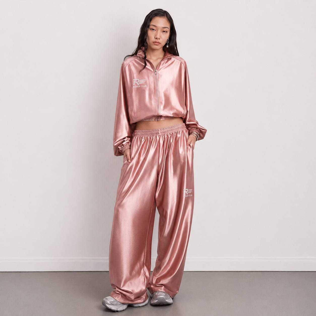 Metalik Wide-Leg Pantolon (Pudra)