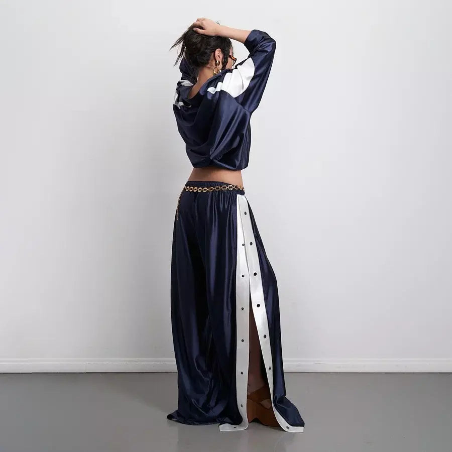 Çıtçıtlı Wide-Leg Pantolon (Lacivert)