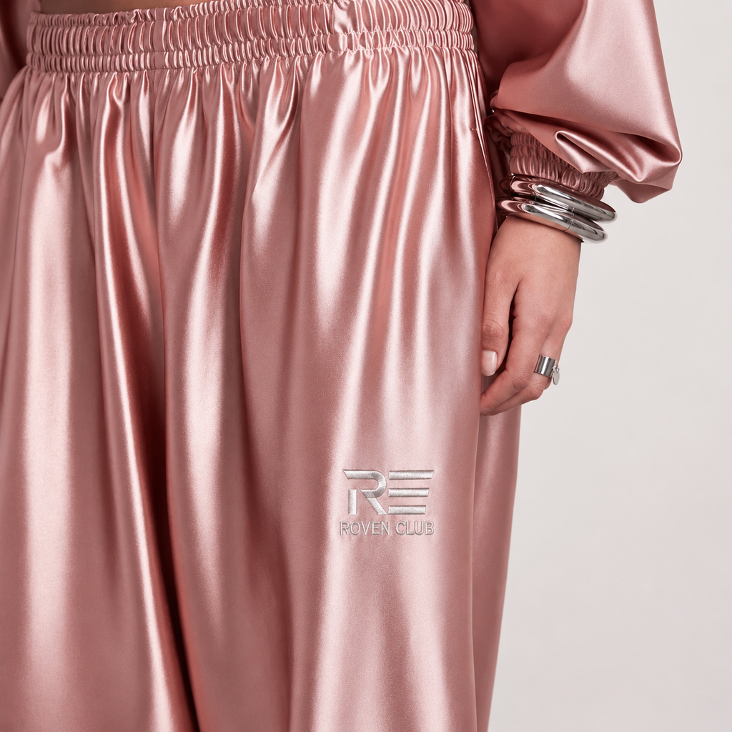 Metalik Wide-Leg Pantolon (Pudra)