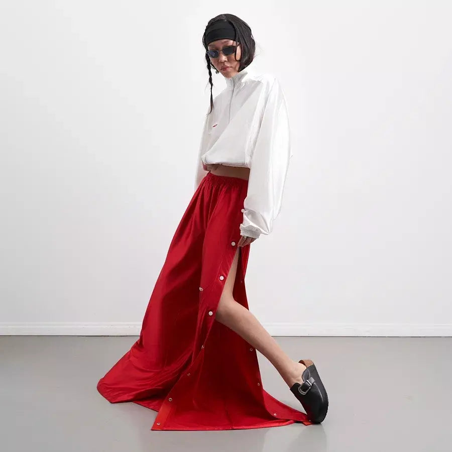 Çıtçıtlı Wide-Leg Pantolon (Kırmızı)