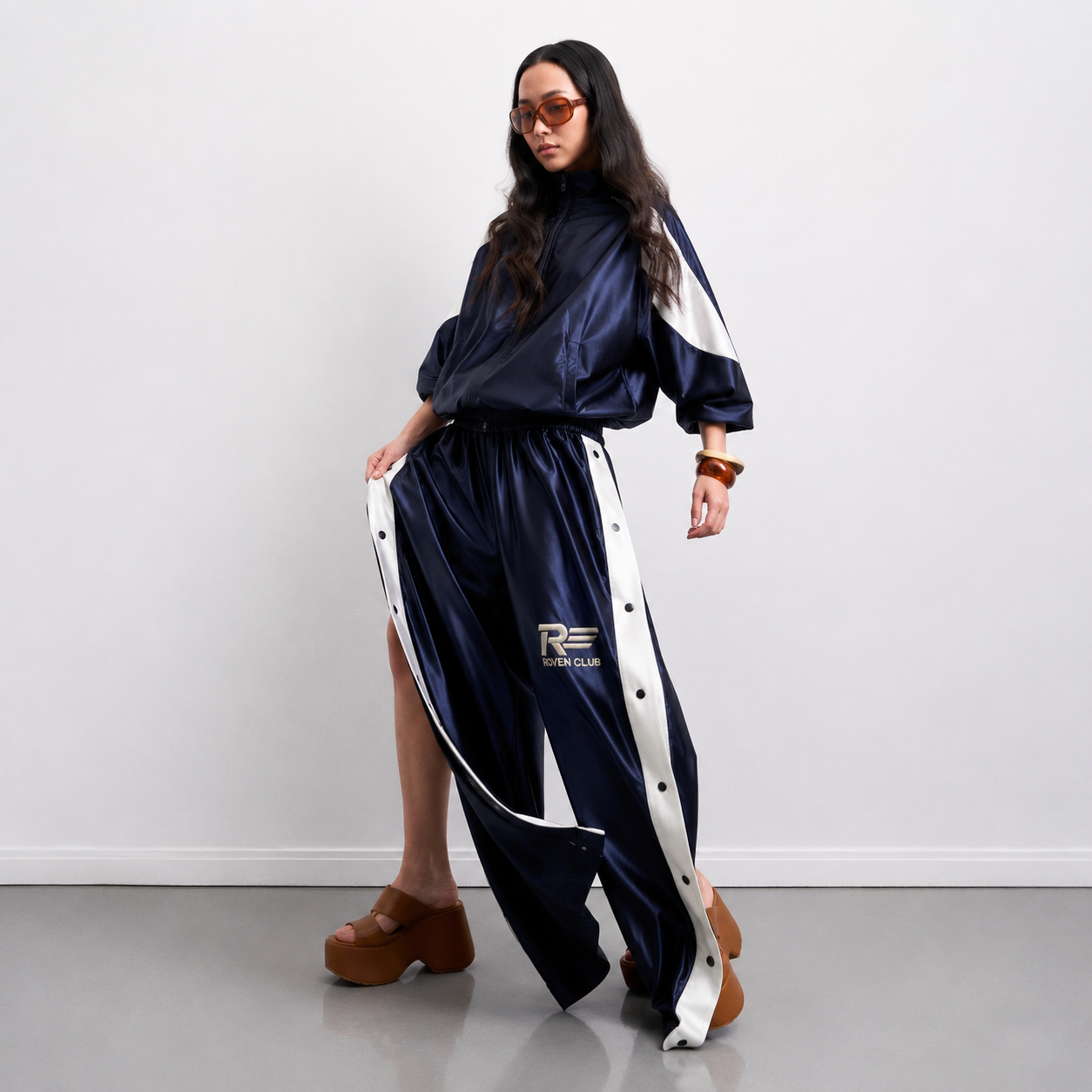 Çıtçıtlı Wide-Leg Pantolon (Lacivert)