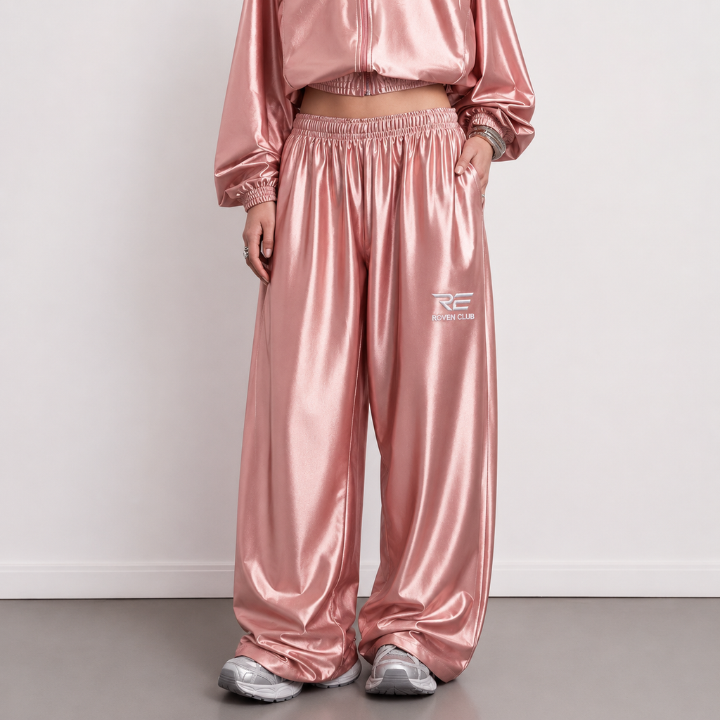 Metalik Wide-Leg Pantolon (Pudra)