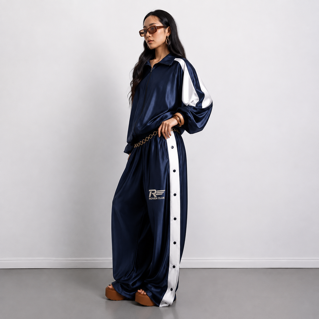 Çıtçıtlı Wide-Leg Pantolon (Lacivert)