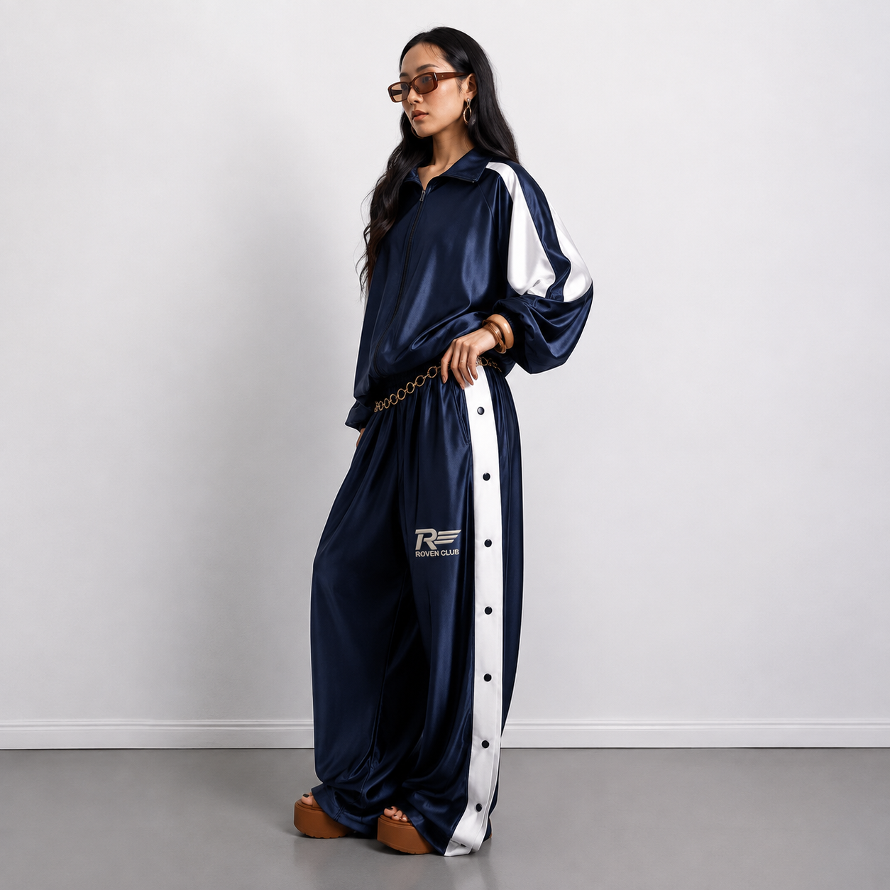 Çıtçıtlı Wide-Leg Pantolon (Lacivert)